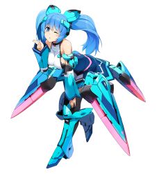 Rule 34 | 1girl, ;o, absurdres, arched back, arm guards, armor, armored boots, bare shoulders, belt, black thighhighs, blowing kiss, blue eyes, blue footwear, blue hair, blue skirt, boots, breasts, collarbone, cosmic break, cosmic break 2, detached sleeves, full body, hand on own knee, headgear, high-waist skirt, highres, knee boots, leaning forward, leg up, lily rain, long hair, long sleeves, looking at viewer, mecha musume, medium breasts, official art, one eye closed, open mouth, sideboob, simple background, skirt, sleeveless, solo, standing, standing on one leg, tareme, thighhighs, transparent background, twintails, wakaba sprout, white background