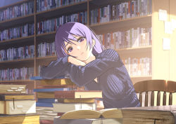 Rule 34 | 1girl, black sweater, book, book stack, bookmark, bookshelf, breasts, chair, commentary, crossed arms, expressionless, furuyama itaru, hair between eyes, head on arm, indoors, large breasts, library, light frown, long hair, looking at viewer, on chair, open book, original, purple eyes, purple hair, ribbed sweater, sitting, solo, sticky note, sweater, v-neck