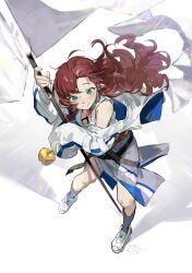 Rule 34 | 1girl, apple, arknights, bokyo, commentary request, flag, food, fruit, golden apple, green eyes, grey socks, highres, holding, holding flag, jacket, long hair, long sleeves, looking at viewer, myrtle (arknights), off shoulder, pointy ears, red hair, socks, solo, tank top, very long hair, white flag, white footwear, white jacket, white tank top