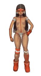 Rule 34 | 1girl, absurdres, armband, bodypaint, boots, breasts, earrings, gloves, highres, jewelry, long hair, mexico, mossacannibalis, smile, thong, topless, topless female