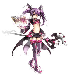 Rule 34 | 1girl, aisha landar, bad id, bad pixiv id, bandeau, book, boots, breasts, elsword, flat chest, full body, limble, long hair, miniskirt, navel, purple eyes, purple footwear, purple hair, purple skirt, purple thighhighs, skirt, small breasts, smile, solo, staff, thigh boots, thighhighs, twintails, underboob, void princess (elsword), white background