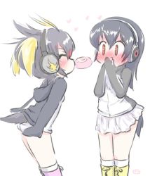 Rule 34 | 2girls, ^ ^, arms at sides, black hair, blonde hair, blush, boots, brown eyes, closed eyes, covering own mouth, embarrassed, facing another, flustered, food, food in mouth, full-face blush, gentoo penguin (kemono friends), hair between eyes, headphones, heart, hood, hood down, hoodie, japari bun, kemono friends, knee boots, kneehighs, listening, long hair, looking at another, mouth hold, multicolored hair, multiple girls, panties, penguin tail, pink footwear, red hair, rockhopper penguin (kemono friends), short hair, simple background, skirt, socks, tail, two side up, uho (uhoyoshi-o), underwear, white background, white legwear, white panties, white skirt, yellow footwear, yuri