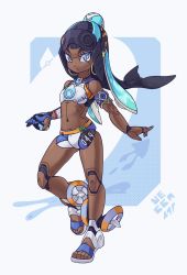 Rule 34 | 1girl, :o, android, armlet, black hair, blue eyes, breasts, commentary, cosplay, creatures (company), dark-skinned female, dark skin, earrings, english commentary, full body, game freak, gloves, highres, inkling (cosplay), inkling player character, jewelry, joints, looking at viewer, lordyanyu, mechanization, midriff, navel, nessa (pokemon), nintendo, poke ball, pokemon, pokemon swsh, robot joints, single glove, small breasts, solo, splatoon (series), swimsuit
