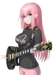 Rule 34 | 1girl, absurdres, black shirt, bocchi the rock!, breasts, electric guitar, gotoh hitori, guitar, hair between eyes, highres, holding, holding instrument, instrument, long hair, looking at viewer, medium breasts, pink hair, shirt, short sleeves, sidelocks, simple background, solo, topgear, white background