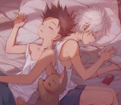 Rule 34 | 2boys, animal, bed, black hair, blue shorts, book, closed eyes, digital media player, drooling, earphones, gon freecss, highres, hunter x hunter, kiko, killua zoldyck, lying, male focus, mouth drool, multiple boys, on bed, on side, parted lips, pillow, shorts, sleeping, spiked hair, tank top, white hair, white tank top