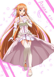Rule 34 | 1girl, :d, armor, asuna (stacia), boots, bracelet, breastplate, brown eyes, brown hair, character name, detached collar, dress, feathers, floating hair, full body, gloves, highres, jewelry, ken-ji, long hair, long sleeves, open mouth, short dress, smile, solo, standing, sword art online, sword art online: alicization, thigh boots, thighhighs, thighs, very long hair, white armor, white background, white dress, white feathers, white footwear, white gloves, white thighhighs