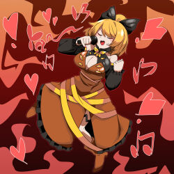 Rule 34 | 1girl, adapted costume, black bow, black sleeves, blonde hair, blush, boots, bow, breasts, brown dress, brown footwear, cleavage, closed eyes, commentary request, detached sleeves, dress, extra eyes, frilled dress, frilled sleeves, frills, full body, hair bow, hair bun, heart, highres, holding, holding microphone, idol, kurodani yamame, large breasts, long sleeves, medium hair, microphone, music, open mouth, red background, ribbon, rinyamame, round teeth, singing, solo, strapless, strapless dress, teeth, touhou, upper teeth only, yellow ribbon