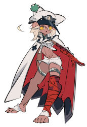 Rule 34 | absurdres, bandaged arm, bandages, barefoot, blonde hair, cape, clover, cxdotchison, dark-skinned female, dark skin, four-leaf clover, guilty gear, guilty gear strive, hat, highres, military hat, ramlethal valentine, red bandage, shorts, thigh strap, white shorts, yellow eyes