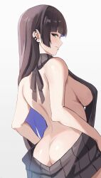 Rule 34 | 1girl, absurdres, ass, backless outfit, bare arms, bare back, bare shoulders, black hair, blue hair, blunt bangs, blush, bocchi the rock!, breasts, brown hair, butt crack, colored inner hair, cowboy shot, ear piercing, earrings, from behind, green eyes, grey sweater, highres, jewelry, large breasts, lip piercing, long hair, looking at viewer, median furrow, meme attire, multicolored hair, no bra, no panties, pa-san, piercing, profile, ribbed sweater, sideboob, sideways glance, simple background, sitting, sleeveless, solo, straight hair, stud earrings, sweater, two-tone hair, very long hair, virgin killer sweater, yato (yama0x1)
