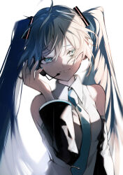 Rule 34 | 1girl, absurdres, adjusting clothes, adjusting headwear, ahoge, arm at side, bare shoulders, black sleeves, blue eyes, blue hair, blue necktie, breasts, closed mouth, collared shirt, detached sleeves, hair between eyes, hand up, hatsune miku, headset, highres, long hair, long sleeves, looking at viewer, microphone, necktie, shirt, sidelocks, simple background, sleeveless, sleeveless shirt, small breasts, smile, solo, tie clip, twintails, un known9999, upper body, very long hair, vocaloid, white background, white shirt