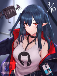 Rule 34 | 1girl, arknights, artist name, bare shoulders, belt, belt collar, black choker, black collar, black hair, black jacket, breasts, chinese commentary, choker, closure (arknights), collar, collarbone, commentary request, creature, dated, facing viewer, floating, github, hair between eyes, highres, id card, jacket, light smile, long hair, long pointy ears, long sleeves, looking at viewer, medium breasts, name tag, off-shoulder jacket, off shoulder, open clothes, open jacket, percentage, pointy ears, red eyes, shirt, sidelocks, sleeveless, sleeveless shirt, smile, snowyoooooo, solo, two side up, upper body, watermark, white shirt