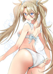 Rule 34 | 1girl, ass, back, bare shoulders, blonde hair, blue eyes, blush, bra, bradamante (fate), braid, breasts, crown braid, fate/grand order, fate (series), female focus, hair between eyes, ice (ice aptx), long hair, looking at viewer, looking back, medium breasts, open mouth, panties, solo, standing, thighs, twintails, underwear, underwear only, very long hair, white background