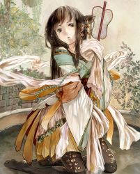 Rule 34 | 1girl, bare shoulders, beads, black pantyhose, brown hair, chinese clothes, diao chan, green eyes, hand fan, highres, japanese clothes, jewelry, kneeling, long hair, mi-so, necklace, original, pantyhose, romance of the three kingdoms, sangokushi taisen, shawl, solo, water