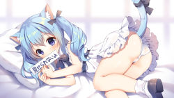 Rule 34 | 1girl, animal ear fluff, animal ears, ass, bare arms, bare shoulders, bed sheet, black bow, blue hair, blurry, blush, bobby socks, bow, brown footwear, cat ears, cat girl, cat tail, covered mouth, depth of field, dress, hair between eyes, hands up, holding, holding sign, long hair, looking at viewer, lying, mauve, on side, original, panties, pillow, purple eyes, shoe soles, shoes, sign, sleeveless, sleeveless dress, socks, solo, tail, tail raised, translation request, twintails, underwear, white dress, white panties, white socks