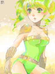 Rule 34 | 1girl, :o, armor, arms at sides, artist name, belt, belt skirt, blush, bodysuit, bracelet, breasts, cleavage, collarbone, colored eyelashes, cowboy shot, dc comics, diffraction spikes, from side, green eyes, green hair, green thighhighs, headband, jewelry, kimura kim, leotard, long hair, looking at viewer, matching hair/eyes, medium breasts, open mouth, pauldrons, rokube, shiny happy aquazon, shoulder armor, solo, standing, strapless, strapless leotard, superhero costume, surprised, thighhighs, twintails, vambraces