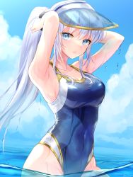 Rule 34 | 1girl, armpits, arms behind head, arms up, breasts, cleavage, cloud, collarbone, commentary, competition swimsuit, covered navel, cowboy shot, day, elias (sennen sensou aigis), grey hair, hair ornament, hair scrunchie, hi-na1, highres, large breasts, long hair, looking at viewer, ocean, one-piece swimsuit, outdoors, partially submerged, partially underwater shot, ponytail, scrunchie, sennen sensou aigis, sidelocks, signature, sky, solo, standing, swimsuit, underwater, very long hair, visor cap, wading, water, wet, wet clothes, wet swimsuit