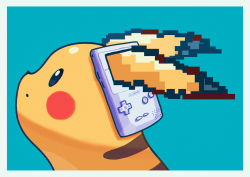 Rule 34 | absurdres, aqua background, blue eyes, border, closed mouth, commentary request, creatures (company), game boy, game boy color, game freak, gen 1 pokemon, handheld game console, highres, looking up, nintendo, no humans, pikachu, pixelated, pokemon, pokemon (creature), saiku (zvlku), solo, upper body