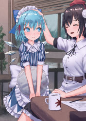 Rule 34 | 2girls, :d, ^ ^, alternate costume, apron, arm up, belt, black belt, black hair, black ribbon, black skirt, blue bow, blue dress, blue eyes, blue hair, blush, bow, breasts, chair, cirno, closed eyes, commentary request, cup, dress, enmaided, feet out of frame, frilled apron, frilled shirt collar, frills, hair between eyes, hair bow, hair ribbon, hand on another&#039;s head, hat, highres, holding, holding tray, ice, ice wings, indoors, leaf print, looking at another, maid, maid apron, maid headdress, medium breasts, mug, multiple girls, neck ribbon, open mouth, paper, pencil, petticoat, pom pom (clothes), puffy short sleeves, puffy sleeves, red ribbon, ribbon, roke (taikodon), shameimaru aya, shirt, short hair, short sleeves, sitting, skirt, smile, standing, striped clothes, striped dress, table, tokin hat, touhou, tray, v arms, vertical-striped clothes, vertical-striped dress, waist apron, white apron, white shirt, window blinds, wings