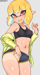 Rule 34 | 1girl, :d, agent 4 (splatoon), bare shoulders, black shorts, blush, breasts, collarbone, cowboy shot, dolphin shorts, fangs, grey background, groin, highres, inkling, inkling girl, inkling player character, jacket, jtveemo, long sleeves, looking at viewer, mask, navel, navel piercing, nintendo, no panties, off shoulder, open clothes, open jacket, open mouth, orange hair, piercing, pointy ears, red eyes, short hair, short shorts, shorts, simple background, small breasts, smile, solo, splatoon (series), sports bra, stomach, tan, tanline, thighs, twitter username, yellow jacket