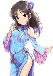 Rule 34 | 1girl, bare shoulders, blue dress, bow, braid, breasts, brown eyes, brown hair, china dress, chinese clothes, commentary request, dress, french braid, hair bow, idolmaster, idolmaster cinderella girls, long sleeves, looking at viewer, medium hair, outstretched arm, sidelocks, simple background, small breasts, solo, sousakubito, swept bangs, tachibana arisu, white background