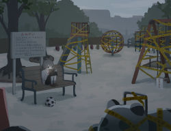 Rule 34 | 1boy, absurdres, avogado6, ball, bench, black eyes, black pants, brown footwear, caution tape, commentary request, controller, game controller, grey hair, grey sky, grey socks, gun sling, highres, holding, holding controller, holding game controller, keep out, monkey bars, nintendo switch, original, outdoors, pants, shirt, shoes, sign, sitting, sky, slide, soccer ball, socks, solo, translation request, white shirt