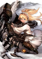 1girl animal blonde_hair breath dress female_focus hairband horns kneeling long_hair looking_at_viewer mecha open_mouth original patterned plaid robot snow solo white_wings wide_sleeves wings won_(toufunokado) yellow_eyes