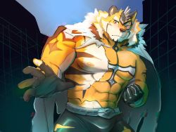Rule 34 | 1boy, abs, animal ears, bara, bare pectorals, beige fur, black gloves, bodysuit, bulge, covered abs, covered navel, cowboy shot, facial hair, furry, furry male, gloves, goatee, highres, large pectorals, live a hero, male focus, mask, mature male, muscular, muscular male, nipples, orange bodysuit, orange fur, pectorals, ryekie (live a hero), short hair, solo, spikes, stomach, thick thighs, thighs, tiger boy, tiger ears, torn bodysuit, torn clothes, two-tone fur