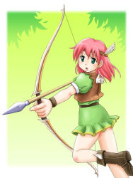 Rule 34 | 1990s (style), 1girl, archer (final fantasy), arrow (projectile), boots, bow (weapon), female focus, final fantasy, final fantasy v, gradient background, green eyes, headband, jacket, lenna charlotte tycoon, marksman, nature, ottosei, outdoors, pink hair, retro artstyle, short hair, solo, weapon, wristband