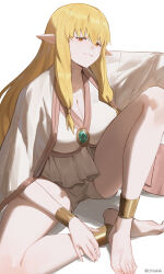 Rule 34 | 1girl, alternate breast size, anklet, bare legs, barefoot, blonde hair, bracelet, breasts, chilakkk, cleavage, collarbone, elf, feet, gem, highres, jewelry, knee up, large breasts, light smile, looking at viewer, pointy ears, serie (sousou no frieren), shirt, short shorts, shorts, sidelocks, sitting, solo, sousou no frieren, spread legs, toes, white shirt, white shorts