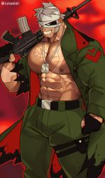 Rule 34 | 1boy, abs, artist name, assault rifle, bandages, bara, bare pectorals, belt, borrowed character, clenched hand, collared jacket, facial hair, gloves, grey hair, gun, highres, jacket, jewelry, large pectorals, leg belt, looking at viewer, m16, m16a4, male focus, manly, muscular, muscular male, navel, necklace, nipples, open clothes, open jacket, original, over shoulder, pants, pectorals, rifle, ruisselait, scar, scar on arm, scar on chest, scar on face, scar on stomach, sideburns, smirk, solo, stubble, torn clothes, tusks, weapon, weapon over shoulder