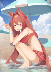 Rule 34 | 1girl, absurdres, animal ears, arm behind head, barefoot, beads, bikini, bikini skirt, blush, breasts, brown hair, character name, cleavage, commentary request, daiwa scarlet (trifle vacation) (umamusume), daiwa scarlet (umamusume), fang, frilled bikini, frills, full body, gorioshi0802, hair beads, hair between eyes, hair intakes, hair ornament, halterneck, highres, horse ears, horse girl, horse tail, legs, long hair, looking at viewer, low twintails, medium breasts, navel, open mouth, outdoors, red bikini, red eyes, signature, skin fang, smile, solo, squatting, standing, standing on one leg, swimsuit, tail, toes, twintails, umamusume