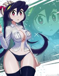 Rule 34 | 1girl, :&lt;, ^^^, absurdres, black hair, blue background, breasts, cleavage, cowboy shot, filia (skullgirls), groin, highres, large breasts, long hair, navel, necktie, open mouth, panties, red eyes, samson (skullgirls), school uniform, sharp teeth, skullgirls, solo, sparkle, teeth, thighhighs, tongue, tongue out, tony welt, unbuttoned, unbuttoned shirt, underwear, wide-eyed, yellow eyes