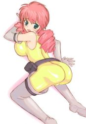 Rule 34 | 00s, 1girl, ass, belt, bent over, blush, bodysuit, boots, breasts, cameltoe, drill hair, elbow gloves, feldt grace, from behind, gloves, green eyes, gundam, gundam 00, hirose (mokiki), huge breasts, long hair, looking back, open mouth, pink hair, solo, thigh boots, thighhighs, twintails
