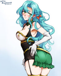 Rule 34 | 1girl, aqua hair, armor, ass, ass focus, back, bare shoulders, blush, braid, breasts, chloe (fire emblem), elbow gloves, fire emblem, fire emblem engage, garter straps, gloves, green eyes, highres, huge ass, large breasts, long hair, looking at viewer, mina cream, nintendo, presenting, shoulder armor, side braid, smile, solo, thick thighs, thighs, very long hair, white gloves