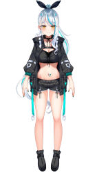 Rule 34 | 1girl, asagi saki, bare legs, black choker, black footwear, black jacket, black shirt, black shorts, breasts, choker, cleavage, crop top, full body, groin, hair ribbon, highres, jacket, large breasts, long hair, long sleeves, looking at viewer, midriff, multicolored hair, nail polish, navel, official art, open clothes, open jacket, orange eyes, ponytail, ribbon, shirt, shoes, short shorts, shorts, sidelocks, silver hair, simple background, smile, solo, standing, stomach, streaked hair, teltelhousi, thighs, very long hair, virtual youtuber, voice-ore, white background