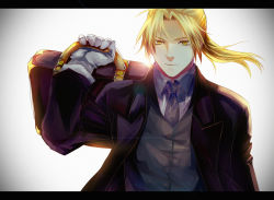 Rule 34 | 1boy, bad id, bad pixiv id, blonde hair, briefcase, edward elric, formal, fullmetal alchemist, gloves, letterboxed, lorein, male focus, ponytail, solo, suit, yellow eyes
