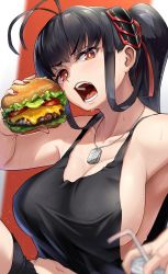 Rule 34 | 1girl, ahoge, bare shoulders, black hair, black shorts, blurry, blurry foreground, breasts, cleavage, cup, disposable cup, dog tags, drinking straw, eating, food, hair ornament, burger, hawe king, high ponytail, highres, jewelry, large breasts, midriff, nail polish, navel, necklace, open mouth, original, red eyes, red nails, shorts, sideboob, sidelocks, sweat, tank top