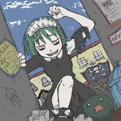 Rule 34 | 1girl, ^^^, arm up, bags under eyes, cloud, creature, day, dutch angle, evil grin, evil smile, green hair, grin, iya maid, lowres, maid, maid headdress, marimo, neji (futaba), original, outdoors, red eyes, short hair, sky, smile, solo, teeth, torn clothes, trash can
