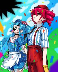 2girls apron black_choker black_eyes black_necktie blue_hair blue_hat bow choker collared_shirt commentary confetti doppel_(bonnypir) drill_hair empty_eyes frills gloves hair_between_eyes hat hat_bow hatsune_miku highres kasane_teto long_hair looking_up mesmerizer_(vocaloid) multiple_girls necktie open_mouth pants puffy_short_sleeves puffy_sleeves red_hair red_hat red_pants sharp_teeth shirt short_sleeves striped_clothes striped_shirt suspenders sweat symbol-only_commentary teeth tongue tongue_out twin_drills twintails utau visor_cap vocaloid waist_apron yellow_gloves