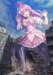 Rule 34 | 1girl, asymmetrical legwear, blue hair, blue sky, bracelet, building, bus, candy hair ornament, car, claw pose, cloud, crescent, crown, destruction, dress, evil smile, food-themed hair ornament, giant, giantess, green eyes, hair ornament, heterochromia, himemori luna, himemori luna (1st costume), hololive, jewelry, motor vehicle, multicolored hair, one side up, open mouth, pantyhose, pink dress, pink hair, purple eyes, sky, smile, solo, two-tone hair, v-shaped eyebrows, virtual youtuber, yilx