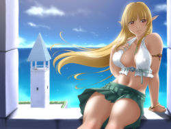 Rule 34 | 1girl, armlet, blonde hair, bracelet, braid, breasts, cleavage, curvy, day, jewelry, large breasts, midriff, navel, ocean, pointy ears, project 3m, red eyes, skirt, sky, solo, thighs, tower, yellow eyes