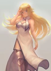 Rule 34 | 1girl, arm at side, arm up, armor, black thighhighs, blonde hair, blue eyes, breasts, china dress, chinese clothes, cleavage, cleavage cutout, closed mouth, clothing cutout, dress, fate/grand order, fate (series), fur trim, gradient background, greaves, grey background, hand in own hair, highres, jeanne d&#039;arc (fate), jeanne d&#039;arc (ruler) (fate), jeanne d&#039;arc (third ascension) (fate), long hair, looking at viewer, medium breasts, otsukemono, side slit, simple background, smile, solo, thighhighs, very long hair, white dress