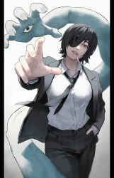 Rule 34 | 1girl, black hair, black jacket, black necktie, breasts, chainsaw man, cigarette, commentary, cowboy shot, eyepatch, foreshortening, formal, giganticbuddha, grey eyes, hand in pocket, head tilt, highres, himeno (chainsaw man), jacket, large breasts, loose necktie, necktie, parted lips, pillarboxed, reaching, reaching towards viewer, short hair, smoking, solo, suit, suit jacket