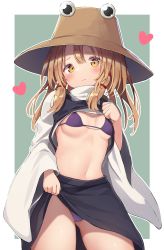 Rule 34 | 1girl, absurdres, black skirt, blonde hair, blush, bra, breasts, brown hat, closed mouth, clothes lift, colored eyelashes, commentary request, green background, hat, heart, highres, lifting own clothes, long hair, long sleeves, looking at viewer, mamemochi, medium breasts, moriya suwako, navel, panties, purple bra, purple panties, shirt lift, simple background, skirt, skirt lift, smile, solo, stomach, thighs, touhou, turtleneck, two-tone background, underwear, white background, wide sleeves, yellow eyes