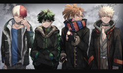 Rule 34 | 4boys, argyle, bakugou katsuki, belt, bird, bird on hand, black collar, blonde hair, boku no hero academia, brown hair, closed mouth, coat, collar, collarbone, collared shirt, curly hair, dress shirt, duffel coat, ear piercing, earrings, eyes visible through hair, fashion, fingerless gloves, floral print, freckles, fur trim, gloves, green eyes, grey eyes, hair between eyes, hand in pocket, hand on own hip, hands in pockets, head tilt, heterochromia, high ponytail, jacket, jewelry, long sleeves, looking at viewer, male focus, midoriya izuku, multicolored hair, multicolored shirt, multiple boys, naruse (naru 224s), open clothes, open coat, open jacket, parted lips, partially unbuttoned, pectoral cleavage, pectorals, piercing, pino (boku no hero academia), ponytail, red eyes, rody soul, shirt, spiked hair, split-color hair, standing, straight hair, striped clothes, striped shirt, sunglasses, teeth, todoroki shouto, tongue, tongue out, two-tone hair, upper body, v-shaped eyebrows, vertical-striped clothes, vertical-striped shirt