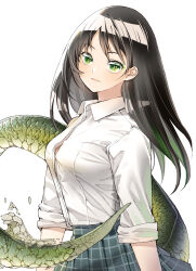 Rule 34 | 1girl, black hair, breasts, burningblossom, character request, collared shirt, copyright request, cover, cover page, green eyes, green hair, highres, light smile, lizard tail, looking at viewer, manga cover, medium bangs, medium breasts, plaid, plaid skirt, reptile girl, shedding, shedding skin, shiny lips, shiny skin, shirt, skindentation, skirt, sleeves rolled up, slit pupils, solo, straight hair, tail, white shirt