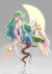 Rule 34 | 1girl, absurdres, alternate costume, alternate eye color, alternate hair color, alternate hairstyle, bare shoulders, boots, breasts, cleavage, gloves, green eyes, green hair, high heel boots, high heels, highres, horns, league of legends, long hair, looking at viewer, magical girl, medium breasts, single horn, solo, soraka (league of legends), star guardian (league of legends), star guardian soraka, thigh boots, thighhighs, very long hair, white gloves, white thighhighs, white wings, wings