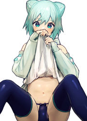 Rule 34 | 1boy, bikini briefs, blue eyes, blue hair, blue thighhighs, bulge, detached sleeves, double bun, hair bun, highres, lifting own clothes, male focus, male underwear, navel, original, roobababa, simple background, solo, thighhighs, trap, underwear, virtual youtuber, white background, yoruhachi
