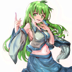 Rule 34 | 1girl, absurdres, ahoge, bare shoulders, blue skirt, breasts, collared shirt, commentary request, detached sleeves, fingernails, frog hair ornament, green eyes, green hair, grey shirt, hair between eyes, hair ornament, hair tubes, hands up, highres, ikazuchi akira, kochiya sanae, long fingernails, long hair, long sleeves, looking to the side, medium breasts, midriff, nail polish, navel, open mouth, pink nails, shirt, simple background, skirt, smile, snake hair ornament, solo, standing, touhou, white background, wide sleeves