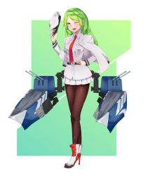 Rule 34 | 1girl, absurdres, azur lane, cannon, full body, green eyes, green hair, hat, highres, looking at viewer, medium hair, military, military uniform, necktie, nyxview, pantyhose, rigging, siliwangi, socks, turret, uniform, world of warships